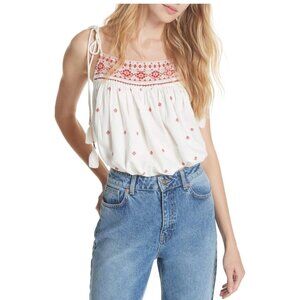 Free People S White & Red Embroidered Sleeveless Cotton Top  Tassel Tie Straps